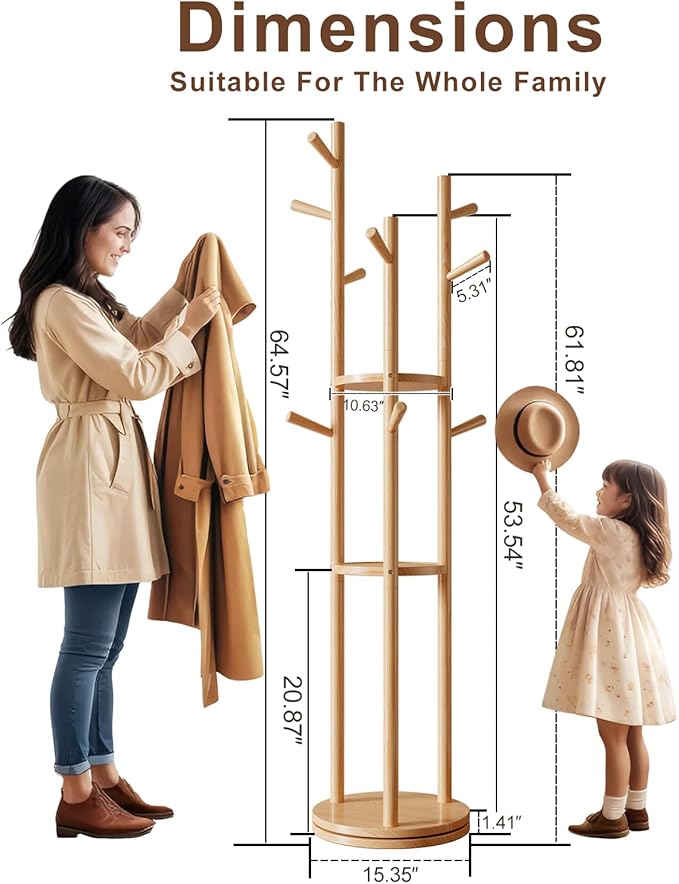 Solid Wood Rotary Coat Rack, Freestanding Coat Rack with 3 Shelves and 9 Hooks, Coat tree for Bedroom, Entryway, Livingroom, Coat Hanger Stand for Coats, Scarves, Handbags (Natural)