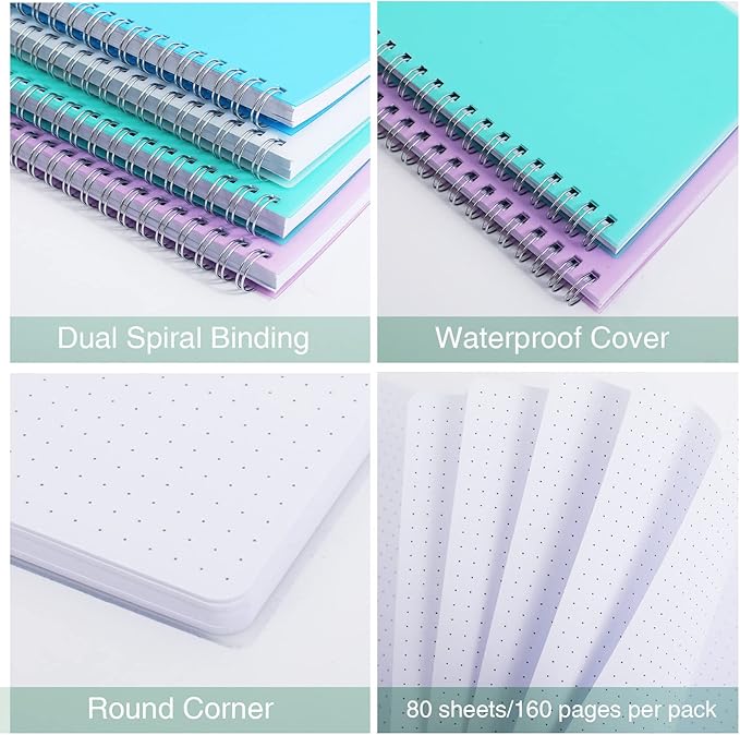 Spiral Notebook, 4 Pack Dot Grid Notebooks 5.7" x 8.3", Bullet Dotted Journal, 640 Pages, Cute College School Supplies Notebooks for Work, Aesthetic Gift Office Supplies for Study and Notes