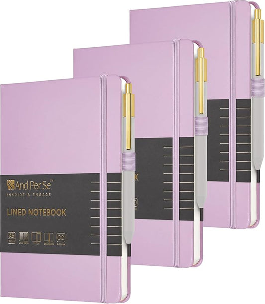 A5 Lined Leather Journal and Pen Set (3 packs), Hardcover Notebook with Pen, 160 Pages 100gsm Thick Ruled Paper for Men Women, for Work, Business, School or Home Writing, 5.7'' x 8'' (Purple)