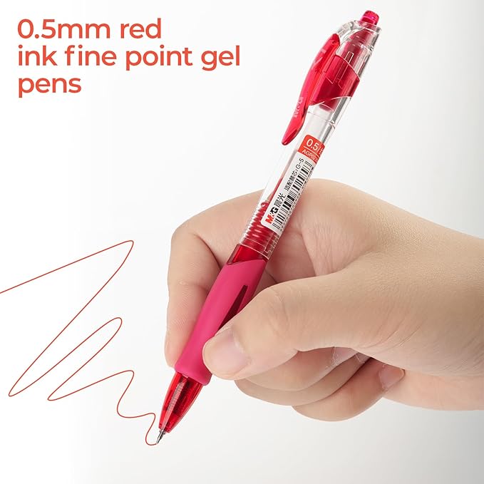 M&G 12Pcs Gel Pens, 0.5mm Red Ink Gel Pens Fine Point, Quick Dry Gel Ink Pens Bulk Smooth Writing with Soft Anti-Slip Grip Retractable Design for Journaling Coloring Office Supplies School Women Men