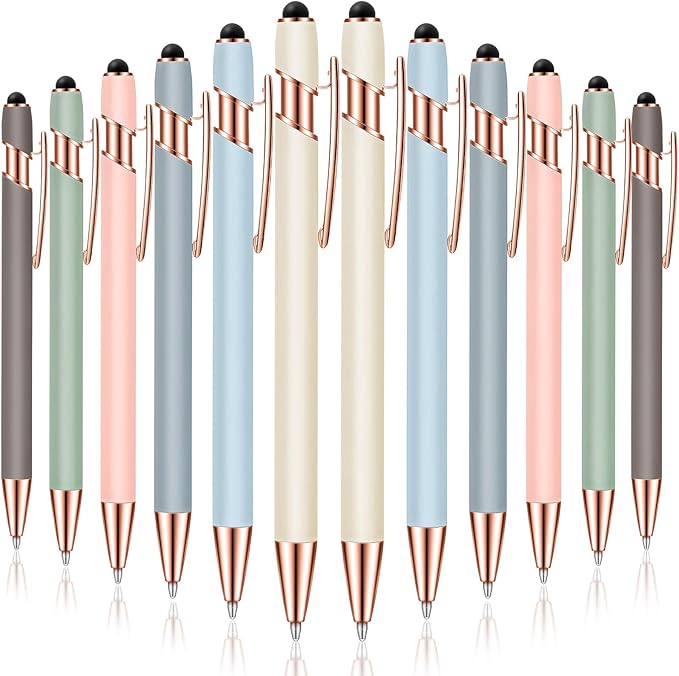 Tenare 12 Pieces 2 in 1 Stylus Metal Ballpoint Pen with Stylus Tip, 1.0 mm Black Ink Ballpoint Pen for Touch Screens(Morandi Color)