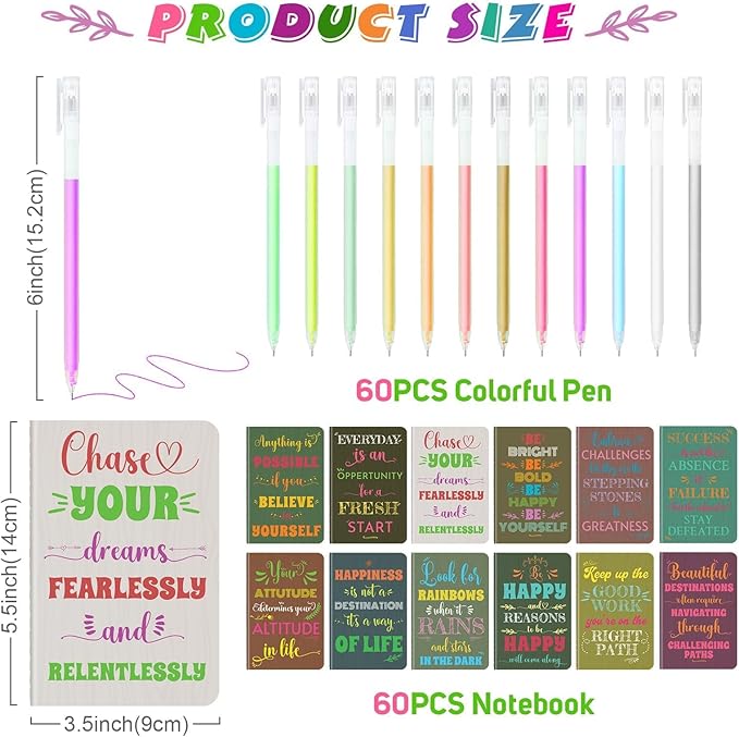 60 Pcs Mini Inspirational Notebooks Bulk with 60 Pcs Colorful Pens, Small Pocket Journal Notepads Set, Motivational Bulk Gifts for Women Men Teacher Student Kids, Fun School Office Supplies,3.5"x5.5"