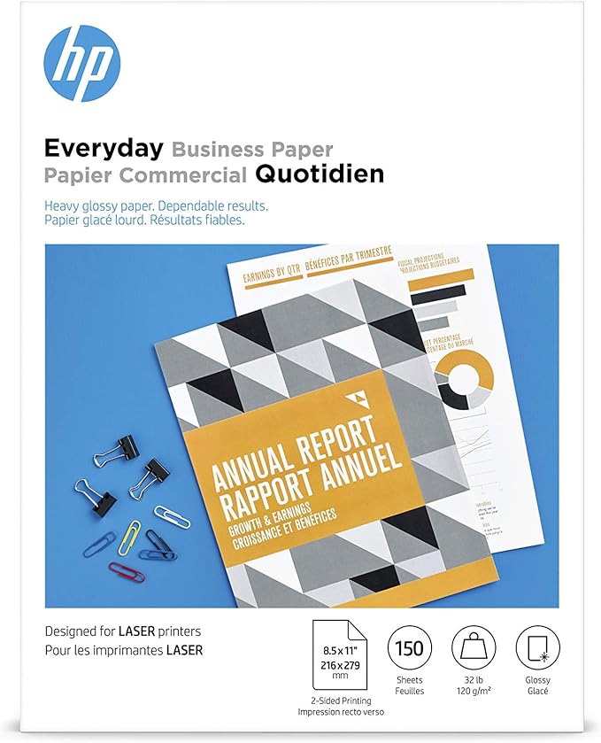 HP Everyday Business Paper, Glossy, 8.5x11 in, 32 lb, 150 sheets, works with laser printers (4WN08A)