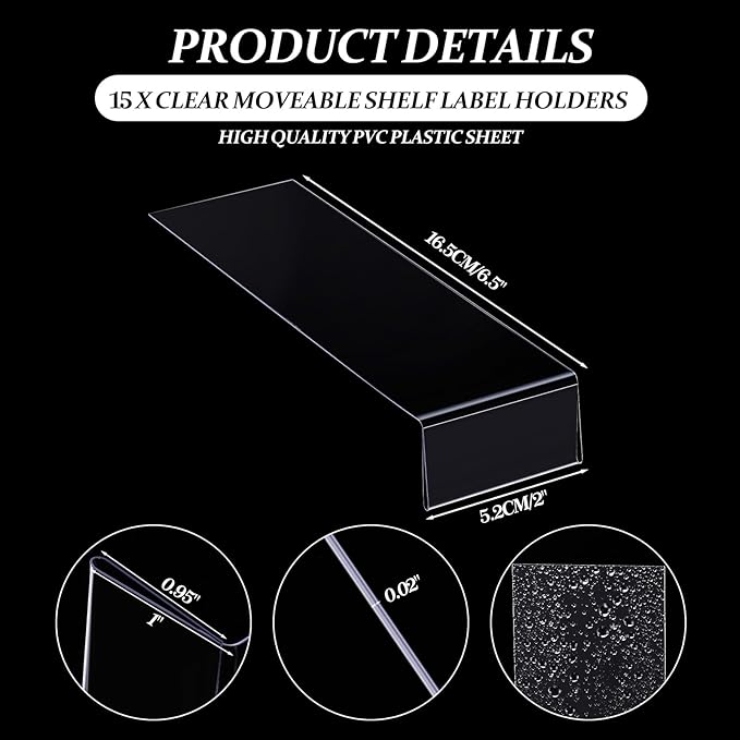 Containlol 15 Pieces Moveable Shelf Label Holders Clear Transparent Shelves Tags Index Card Pockets Library Markers Label Display Holder for Classroom Office Book(6.5 x 2 x 1 Inch)