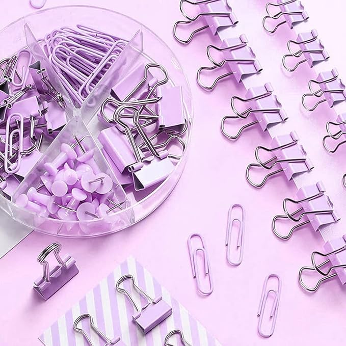 Purple Binder Clips and Paper Clips Push Pins Tacks Sets, Total 72 PCS Assorted Sizes Office Supplies Set for Women, Student, School, Home & Desk Supplies