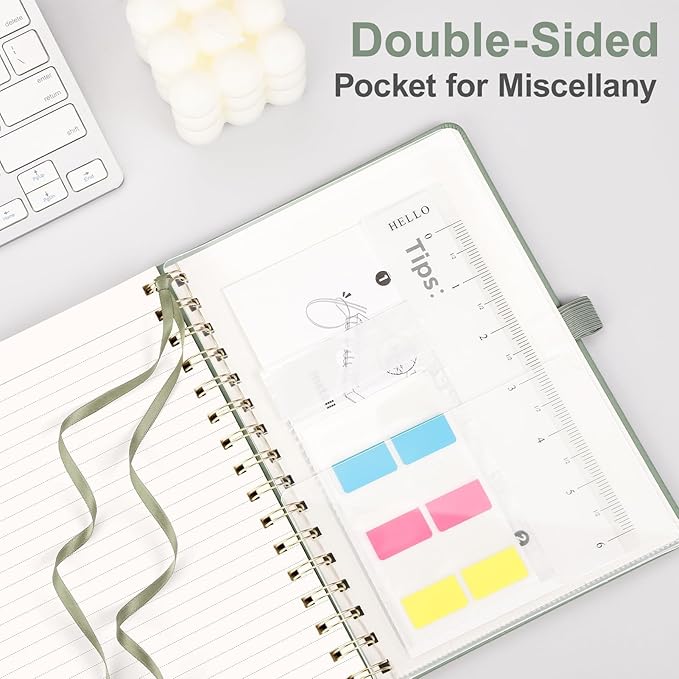 AHGXG Lined Spiral Journal Small Notebook for Women, Notebook College Ruled A5 5.7" X 8.3", 140 Numbered Pages, Hardcover Leather, Meeting Notebook for Work, School Office Supplies, Sage Green