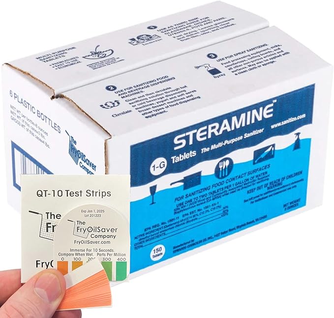 Pack of 6 (900 Tab) Steramine Sanitizing Tablets w/ 30x QT-10 Test Strips by FryOilSaver Co., Steramine Multi Purpose Contact Solution Sanitizer Tablets for Gym, Hotel, Bar, Restaurants & Food Service