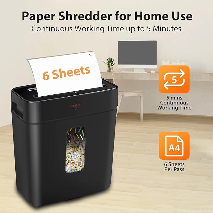 Paper Shredder for Home Use,VidaTeco 6-Sheet Cross-Cut Shredder,Also Shred Card/Clip/Staple,P-4 Higher Security,Small Document Shredder for Office,Paper Shredder Heavy Duty with Jam Proof,3.04-Gal Bin