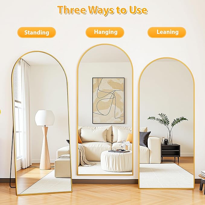 Full Length Mirror, 59"x18" Oversized Floor Mirror Freestanding, Full Body Mirror Floor Standing Mirrors with Stand, Hanging Mounted Mirrors for Bedroom Living Room, Gold, Arched Style