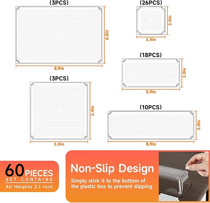 60 Pcs Clear Plastic Drawer Organizer Set,5 Size Small Storage Containers for Organizing Jewelry,Utensil,Junk,Tea,Makeup,Shallow Drawer Organizers Tray Suitable for Office,Desk,Bathroom,Vanity,Kitchen