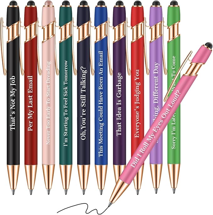 Snarky Funny Office Pens,12 Pcs Negative Sarcastic Hilarious Quotes Work Ballpoint Pens with Stylus Tip for Colleague Co-workers Gift Black Ink (Style 1, 12)