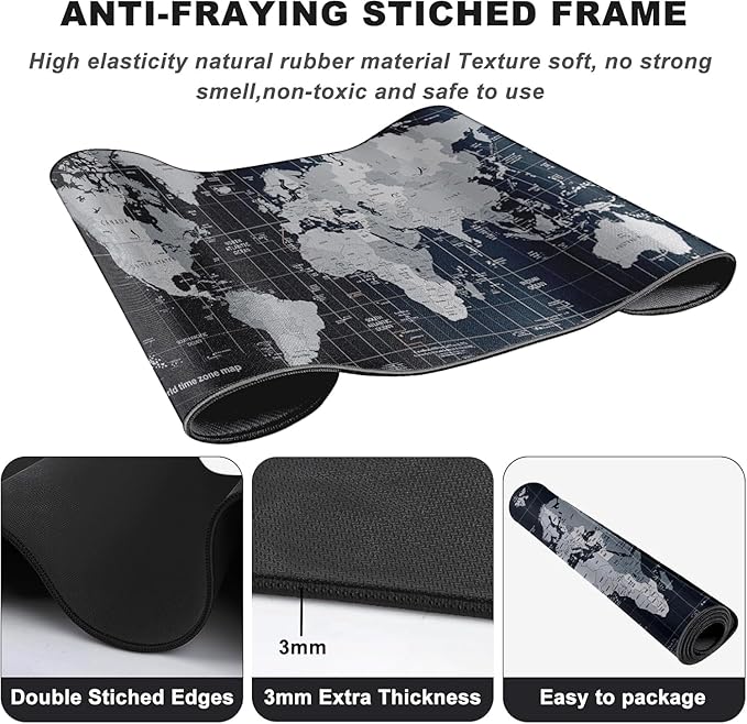 Large Desk Pad Gaming Mouse Pad,Extended Keyboard Mouse Mat Desk Pad with Non-Slip Rubber Base & Stitched Edge for Computers Laptop Desk Home Office Accessories,Map Pattern