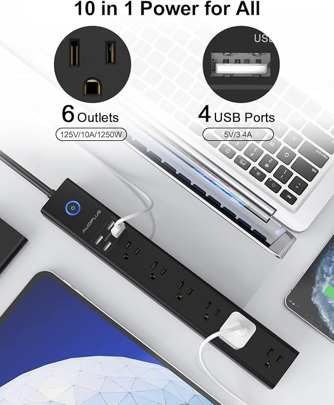 15 Ft Power Strip Surge Protector, 6 Outlets and 4 USB Ports, Flat Plug Power Strips Long Extension Cord with Overload Protection, Wall Mount for Home, Office, Dorm, ETL Listed Black