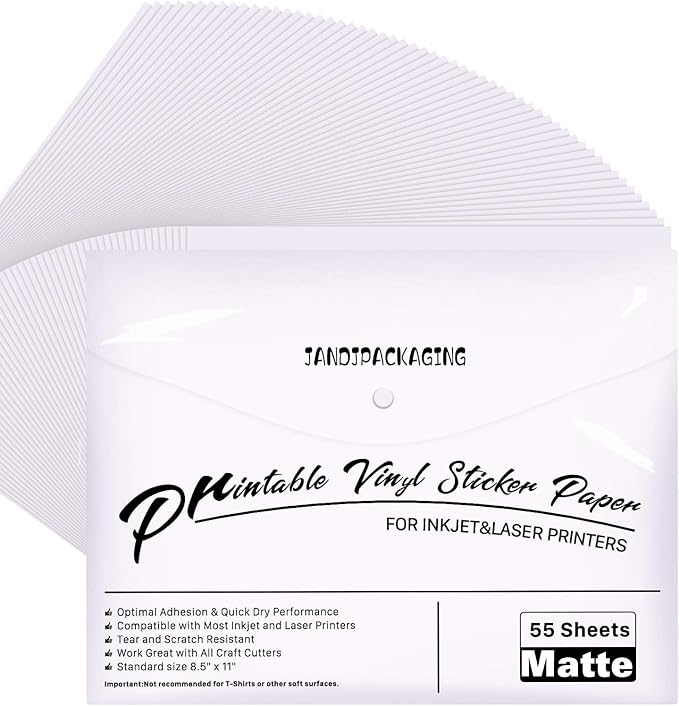 JANDJPACKAGING Printable Vinyl for Inkjet Printer - 55 Pack Matte White Printable Vinyl Sticker Paper Dries Quickly Vivid Colors, Holds Ink Well, Tear Resistant, Inkjet & Laser Printer(140 g)