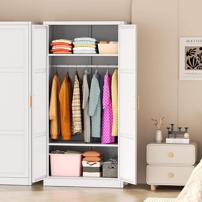 Greenvelly Metal Storage Wardrobe Cabinet, 72" White Metal Wardrobe Closet for Hanging Clothes with Doors and Shelves, Modern Steel Clothes Closet for Home, Office and Bedroom, School,Gym