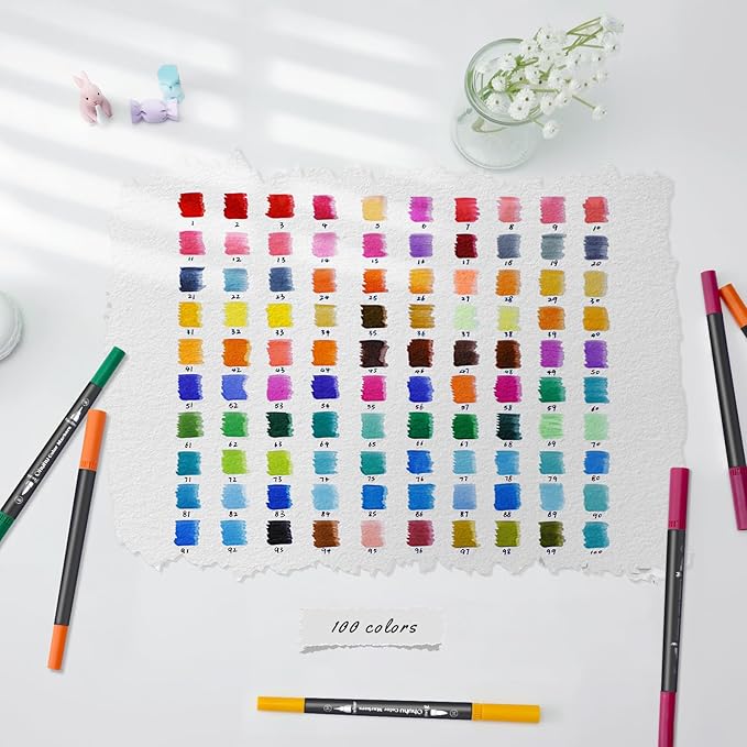 Ohuhu Markers for Adult Coloring Books No bleeding 100 Colors Coloring Markers Water-based Dual Tips Fineliner & Brush Drawing Pens Art Markers for Kids Adults Sketch Journal - Maui - Black