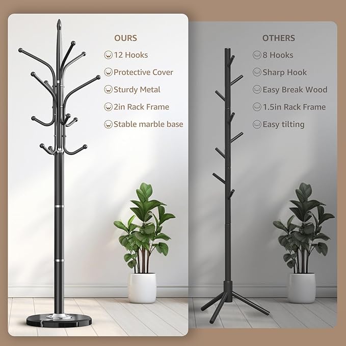 Heavy Duty Coat Rack with Marble Base, Freestanding Hall Coat Tree with 12 Hooks and 3 Adjustable Sizes, Metal Coat Rack Stand for Entryway, Bedroom, Office Hanging Purses, Coats, Scarves, Hats