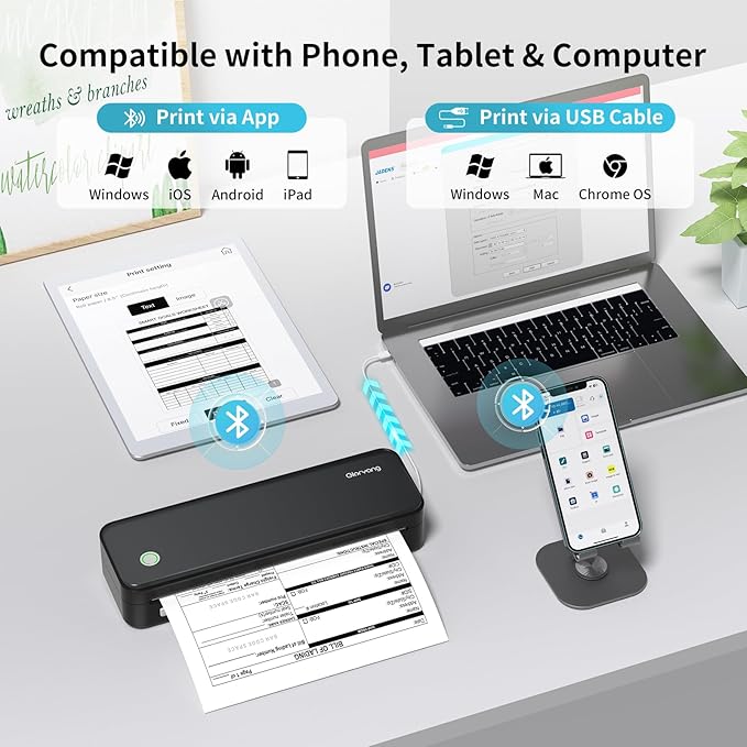 300DPI Portable Printer Wireless for Travel, Inkless Small Bluetooth Printers for Home Use, Compatible with Mobile Phone & Laptop, Support 8.5 x 11 Inch & A4 Thermal Printer Paper, Black