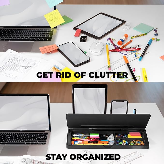 Desktop Whiteboard - Glass Dry Erase White Board - Desk Computer Buddy – Home Office & Studying Essentials - with Phone & Tablet Slot, Storage - Includes 4 Markers, 1 Eraser, Black (2 Pack)