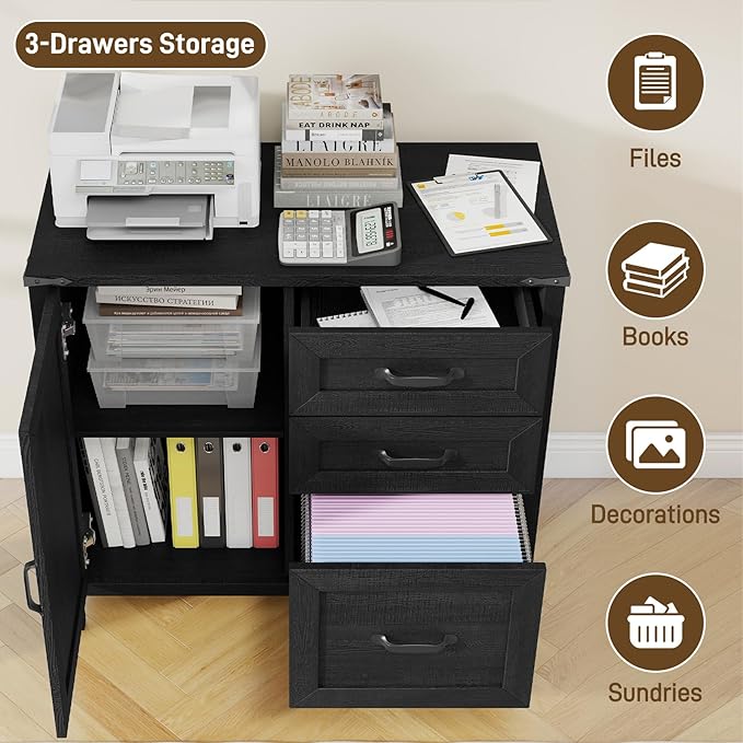 Lateral File Cabinet with 3 Drawers, Farmhouse File Cabinet for Letter/A4 Size Hanging Files, Large Wood File Storage Cabinets Printer Stand for Home Office Furniture, Black