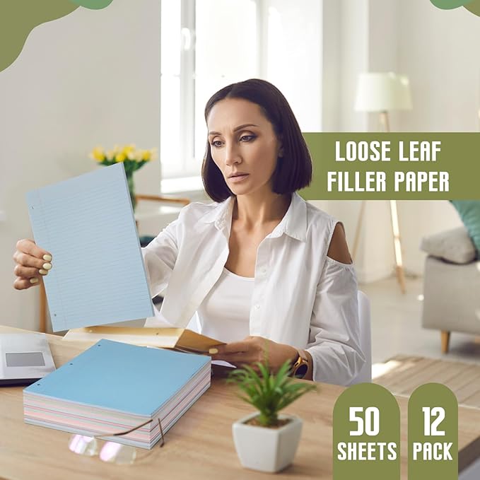 PerKoop 600 Sheets Colored Loose Leaf Paper 8.5" x 11" college ruled Lined 3 Hole Punched notebook Filler Paper for 3 Ring Binders Office School Supplies (Earthy Color)