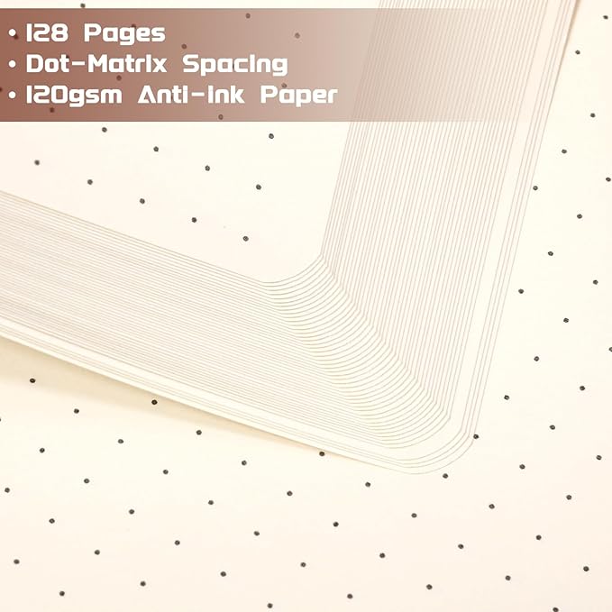 Dotted Journal/Notebook - Dot Grid Hard Cover Notebook, Premium Thick Paper with Fine Inner Pocket, Black Smooth Faux Leather, Pen Loop, 5.3'' x 8.26'' - Brown