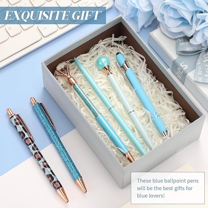 6 Pcs Ballpoint Pens Set Metal Crystal Diamond Pen for Journaling Glitter Pretty Cute Stationery Black Ink Fancy Gifts for Women Girls Teacher Office Wedding School Supplies(Blue Series)