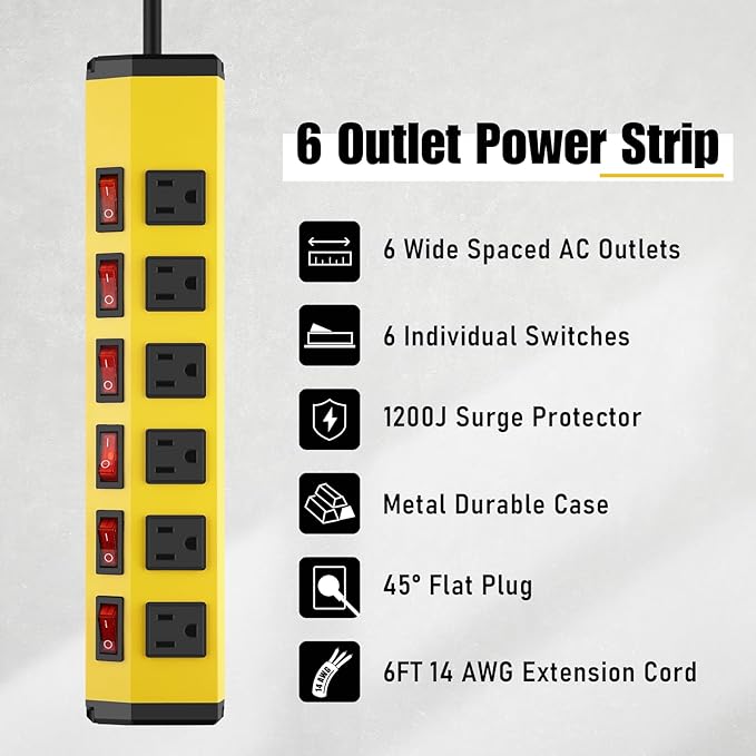 ANNQUAN 3PCS 6 Outlet Metal Power Strip with 6 Individual Switches,Heavy Duty Power Strip 1200J 15A 6FT Cord Home Office Industrial Commercial Shop