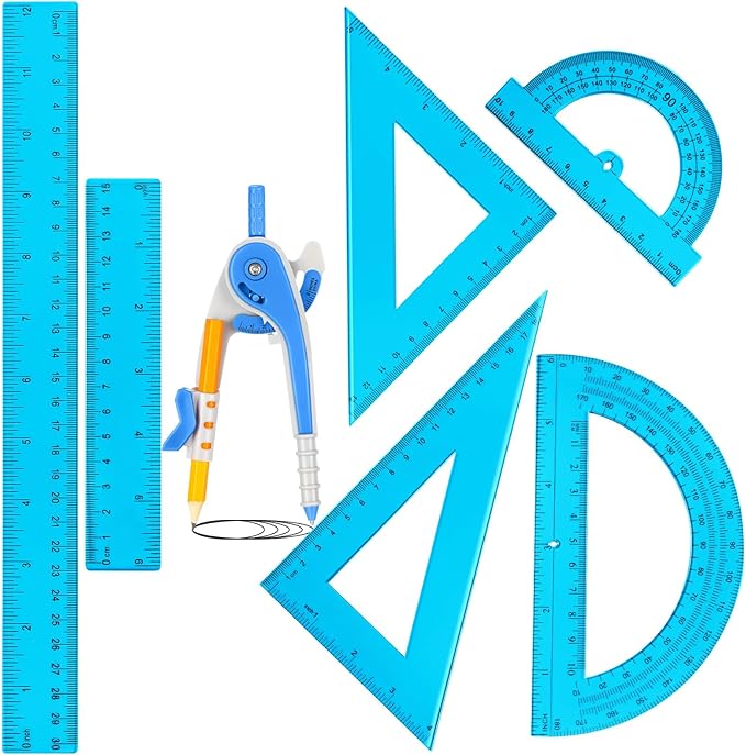 Zonon 1 Set Plastic Geometry Math Set 7 Pcs Includes 6'' / 4 '' Protractor, Drawing Compass, 45/60 Degree Triangle Rulers, 12'' / 6'' Math Ruler Transparent for Office Supplies(Blue)