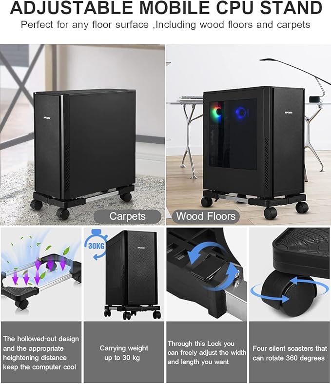 Computer Tower Stand, Adjustable Mobile CPU Stand with Rolling Caster Wheels, Premium PC Tower Stand Holder for Floor Carpet Gaming PC Case(YOSE)