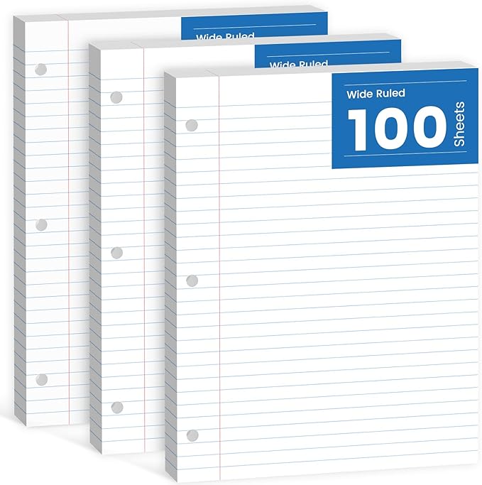 Loose Leaf Paper, 300 Sheets Notebook Paper, 3-Hole Punched Binder Paper 8-1/2 x 11 In Filler Paper, Wide Ruled Loose Leaf Paper 8.5 x 11 Lined Paper for 3 Ring Binder, White, 3 Pack, 100 Sheets/Pad