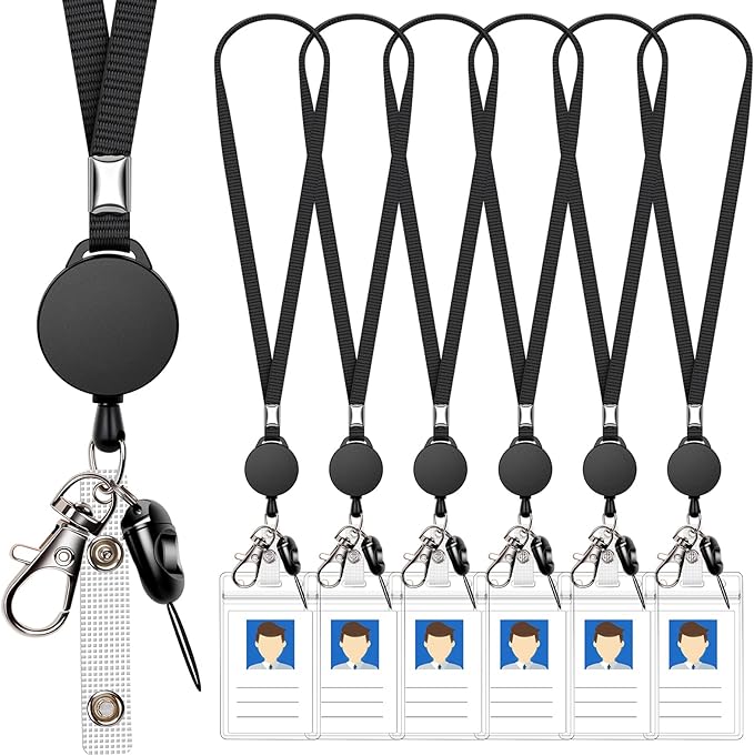6 Pack Retractable Badge Lanyards and ID Badge Holder, Strap Lanyard with Swivel Metal Clasp for Badge Holders, Keychains, Offices, Staff, Students, Employees, Black