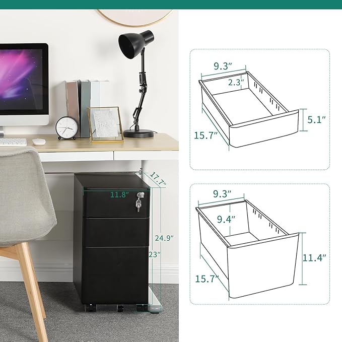 YITAHOME 3-Drawer Metal Filing Cabinet Office, Compact Portable Slim File Cabinet Drawers with Keys, Pre-Built Office Storage Cabinet for A4/Letter/Legal (Black)