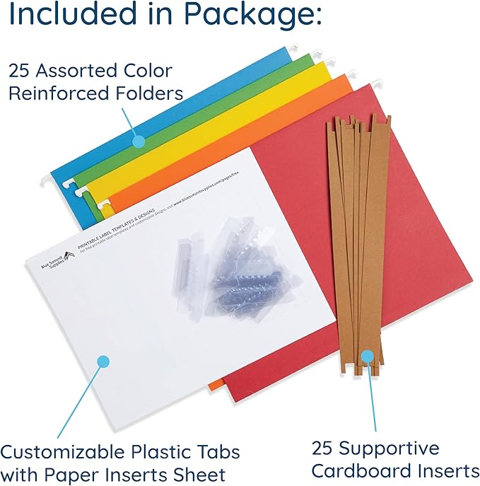 25 Blue Summit Supplies Hanging File Folders 1 inch Expansion, Assorted Colors Hanging File Folders Extra Capacity 1 inch, 11PT Paper, 1 inch Expandable File Folders, 25 Pack