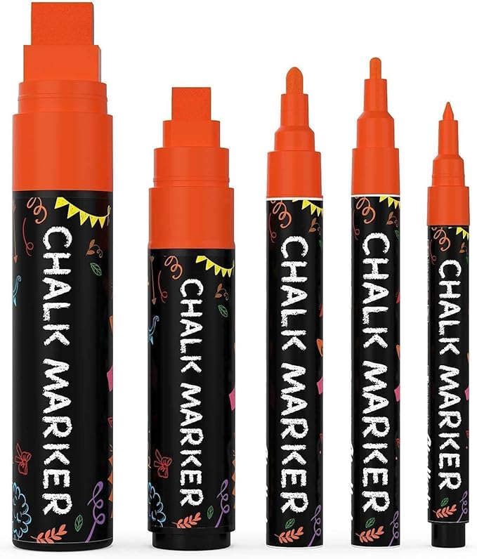 5 Orange Chalkboard Chalk Markers - Orange Dry Erase Markers for Blackboard, Chalkboard Signs, Windows, Glass | Variety Pack - Fine & Jumbo Size Ink Pen (1mm, 3mm, 6mm, 10mm, 15mm)