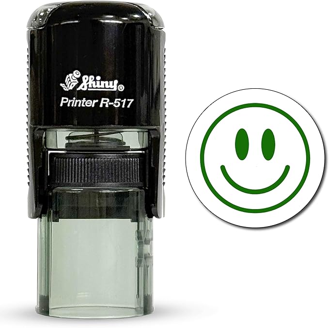 Shiny Smiley Face Teacher Stamp, Round Self Inking Stamp for Classroom, Green Ink