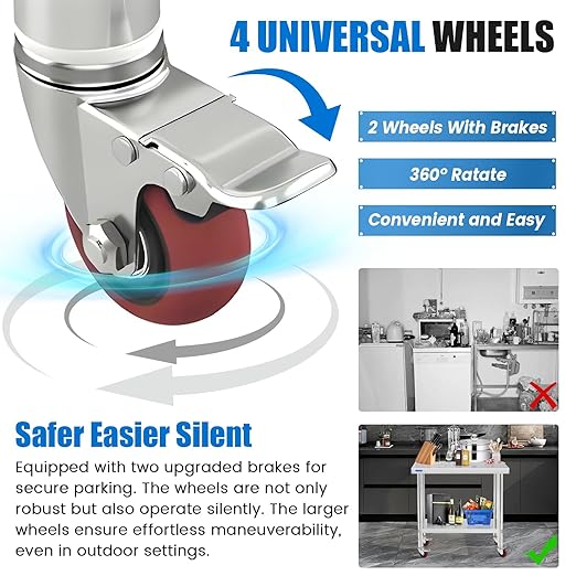 Stainless Steel Table for Prep & Work with 4 Caster Wheels with Backsplash 24 x 48 NSF Metal Commercial Kitchen Adjustable Under Shelf Worktable for Restaurant Home Outdoor