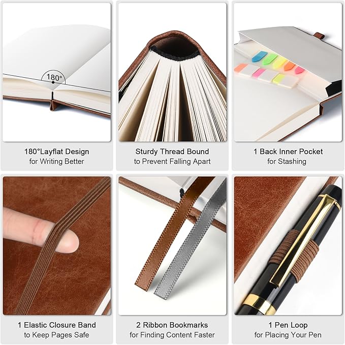 Graph Paper Notebook, 312 Numbered Pages Large A5 Hardcover Leather Journal, 100gsm No Bleed Grid Paper Notebook with Index Pages, Grid Notebook for Graphing Notes Math, 5.75" x 8.38", Brown