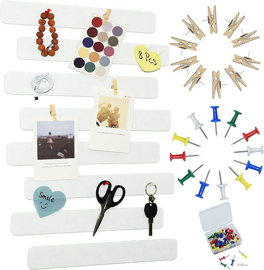 8Pcs Bulletin Board Strips, White Felt Pin Board Bar Strips with 50 Pushpins, Self-Adhesive Felt Cork Board Strips for Wall to Display Your Notes, Photos, Schedules, Announcements