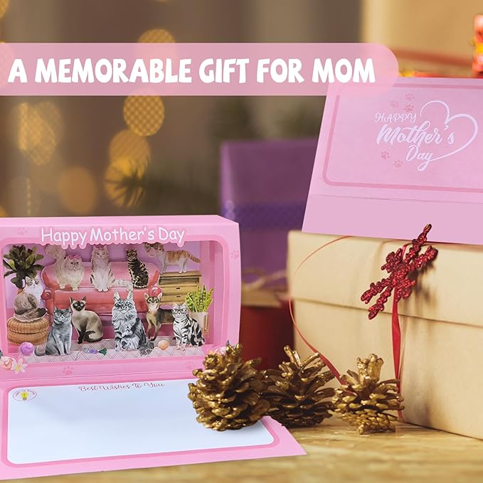 4D Pop Up Mothers Day Card with ligh, Cat Mother's Day Card For Mom, Living Room, Cat Themed (Cat Mother's Day Card)