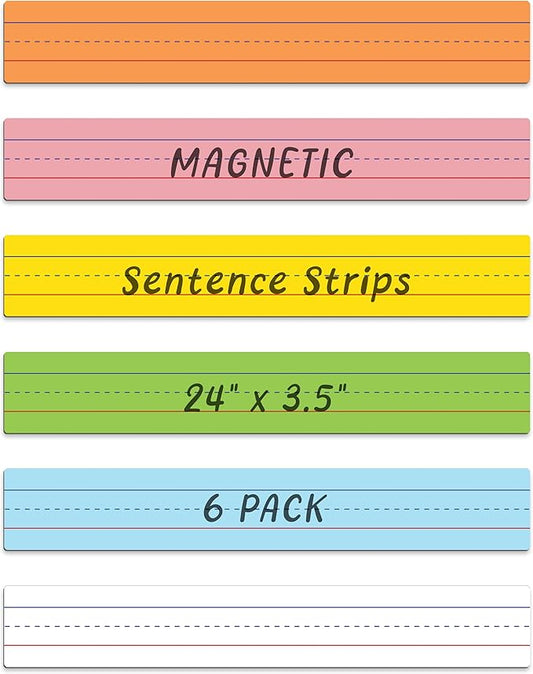 Dry Erase Magnetic Sentence Strips for Teachers, Whiteboards & Classrooms - 24" x 3.5" - 6 Colored Sentence Strips - Practice Handwriting, Sight Words, Spelling and Math
