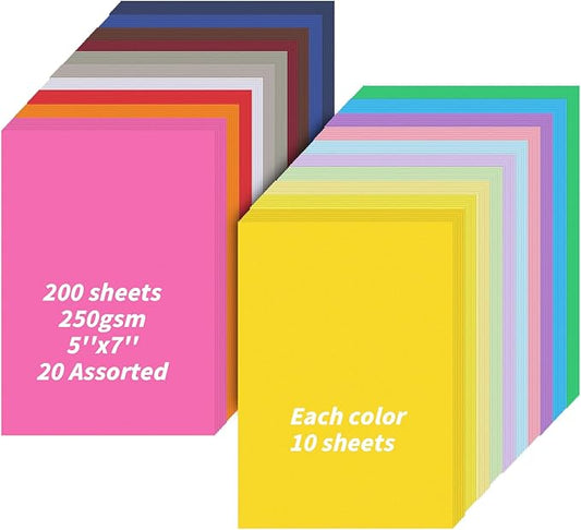5" x 7" Cardstock, 200 Pack/20 Assorted Colors Colorful Thick Paper Cardstock Blank Colored Cards Stock for Invitations, Greeting Cards Making, Postcards, Photos, 250GSM Thick Paper Colorful