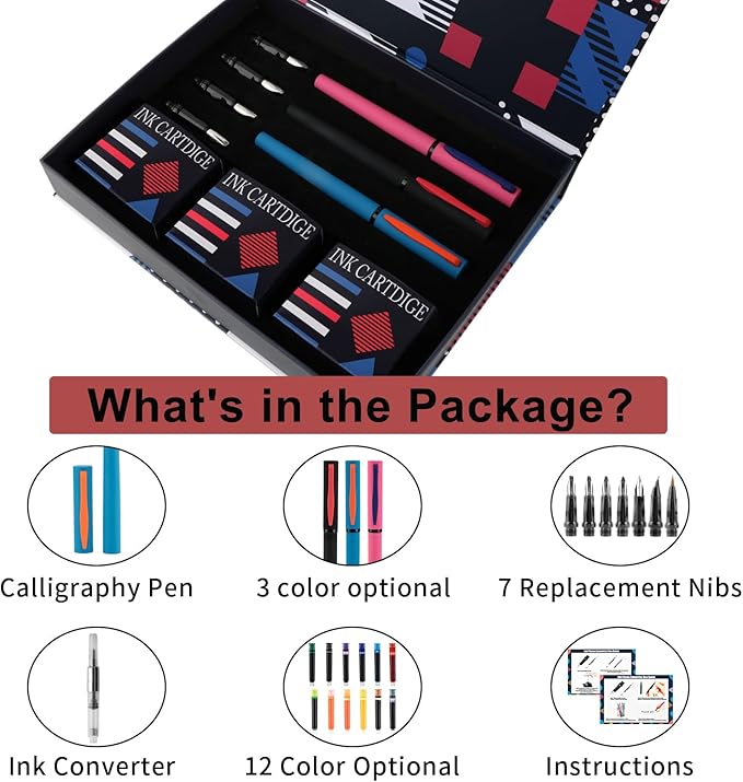 Calligraphy Pen Set,Fountain Pens with 7 Different Replaceable Nibs with 60 Ink Cartridges(12 Colors),Calligraphy Set for Beginner Writing Drawing