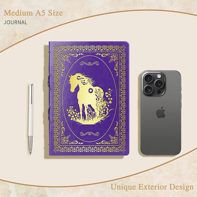Purple A5 Horse Gifts for Women Girls Faux Leather Vintage Notebook Inspirational Horse Trainer Gift Hardcover Executive Notebook,200 Pages 120 Gsm Thick Ruled Paper With Pen,Horse Lover Gifts Equestrian Gift (Horse Purple)