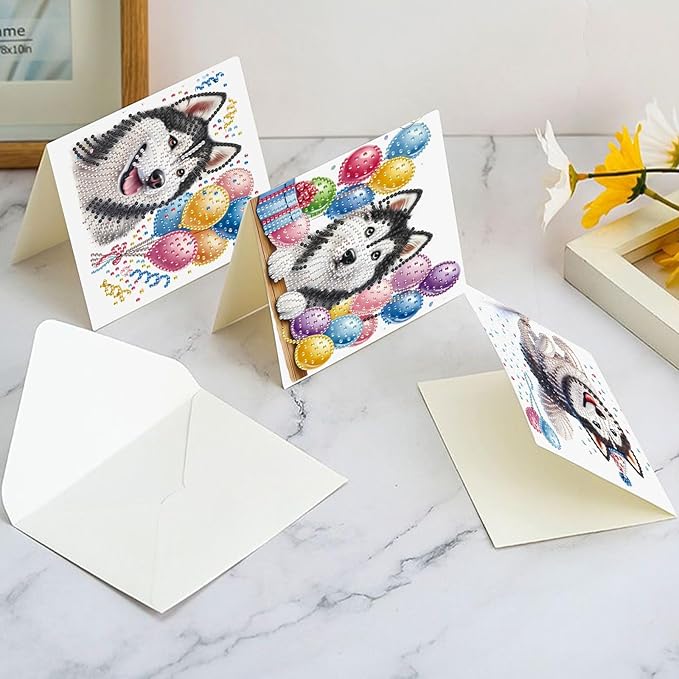 Tontut 6pcs Diamond Art Painting Kit Greeting Card, Balloon Puppy 5D DIY Diamond Handmade Holiday Glitter Greeting Card with Envelope, Holiday Gift Congratulation