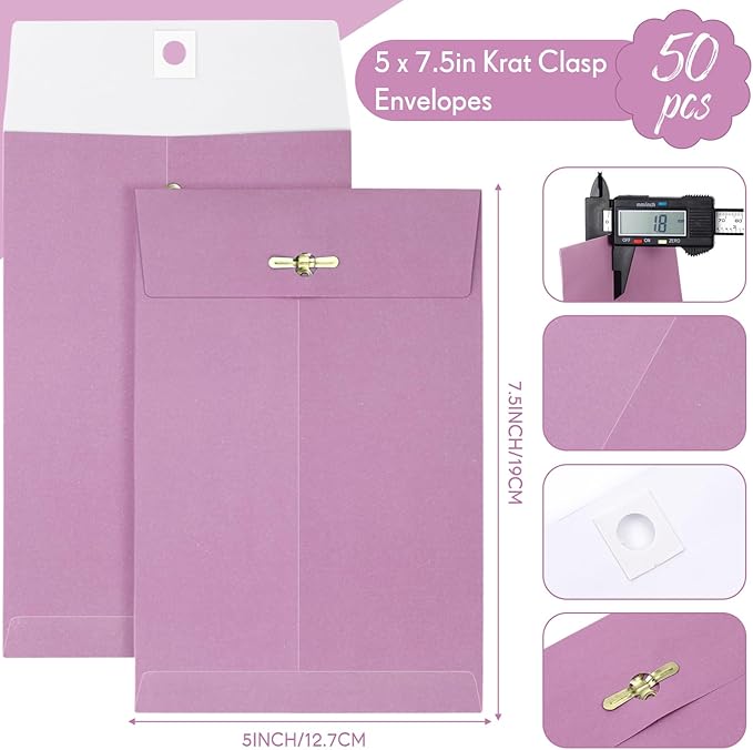 Teling 50 Pcs 5 x 7.5 Manilla Envelopes Clasp Kraft Catalog with Closure for Storing Mailing 28 lb Kraft Envelope Paper for Office Document School Business Home(Pink)
