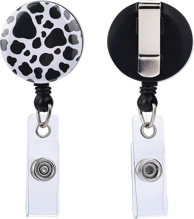 Will Well Badge Holders with Belt Clips for Securing onto Pockets and Purse Straps, with Retractable 27.5" UHMWPE Fiber Pull Cords, Strong Build with Fun Designs - 2-Pack, Cow Print