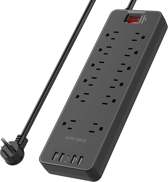 Surge Protector Power Strip - SUREANCE 12 Outlets Surge Protector Outlet Extender with 5 USB Ports, 6FT Flat Plug Extension Cord, 2100J, Mountable, Flat Plug, Heavy Duty, Widely-Spaced, ETL Listed