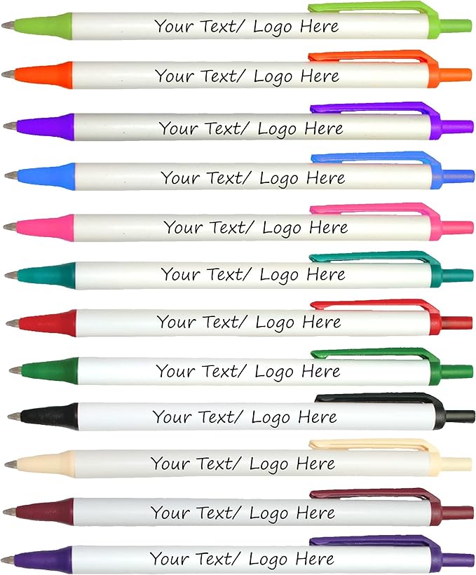 Personalized Click Stick Pens With your Custom Logo or Text-300 Pack Bulk-for Businesses, Parties, and Events, Custom Printed Retractable Slim Ballpoint Pens, Cream, Black Ink