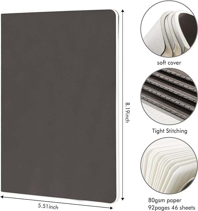 feela 8 Pack Soft Cover Journal Bulk, Notebooks College Ruled for Work, Lined Travel Journal for Women Men, Note Taking Notebook School Supplies Business Writing, 8.2” x 5.5”, A5, Gray